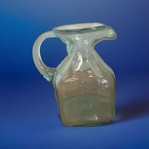 Hand Blown Aqua‎ Blue Bubble Glass Square Pitcher Applied Handle Creamer